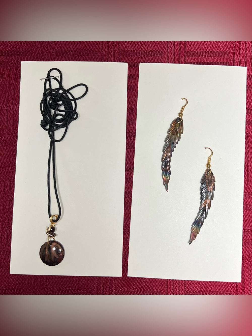 Phoenix Designs Jewelry Fired Copper Pendant Necklace & Feather Earrings Set
